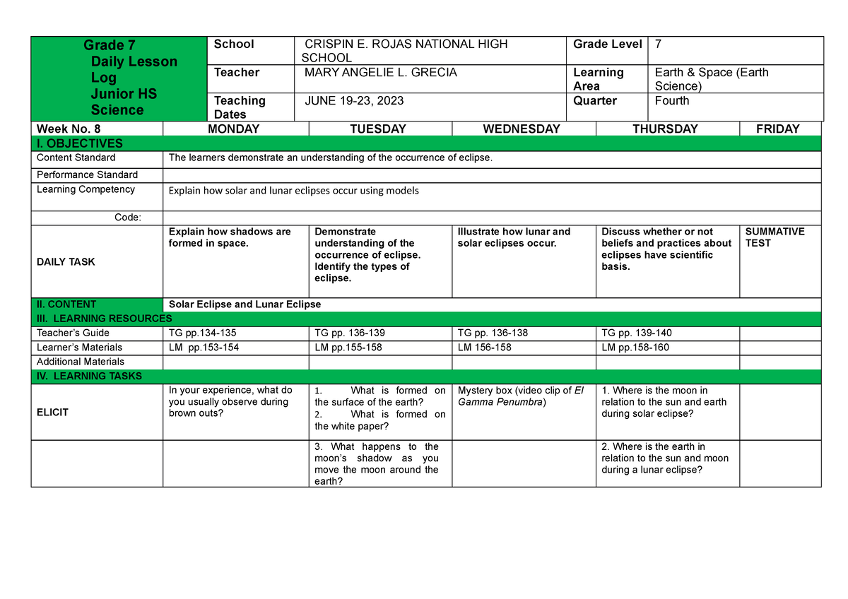 DLL Science 7 6TH WK - DLL - Grade 7 Daily Lesson Log Junior HS Science ...