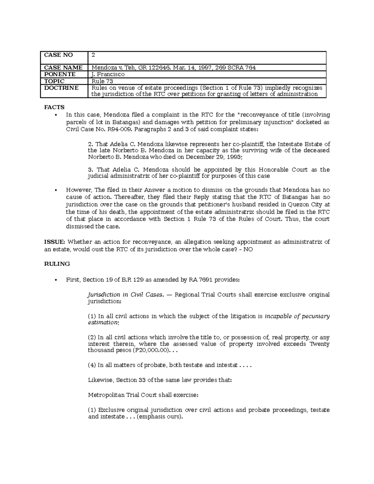 (2)Mendoza v. Teh, GR 122646. Mar. 14, 1997, 269 SCRA 764 - CASE NO 2 ...