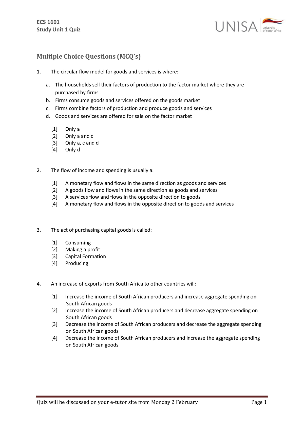 Unit 1 Quiz - Quiz - ECS 1601 Study Unit 1 Quiz Quiz Will Be Discussed ...