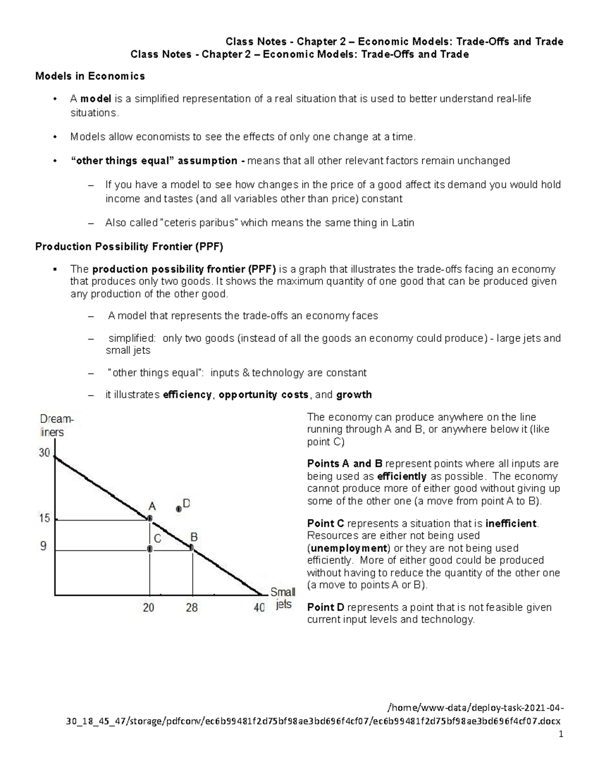 Docx - Class Notes - Chapter 2 – Economic Models: Trade-offs And Trade 