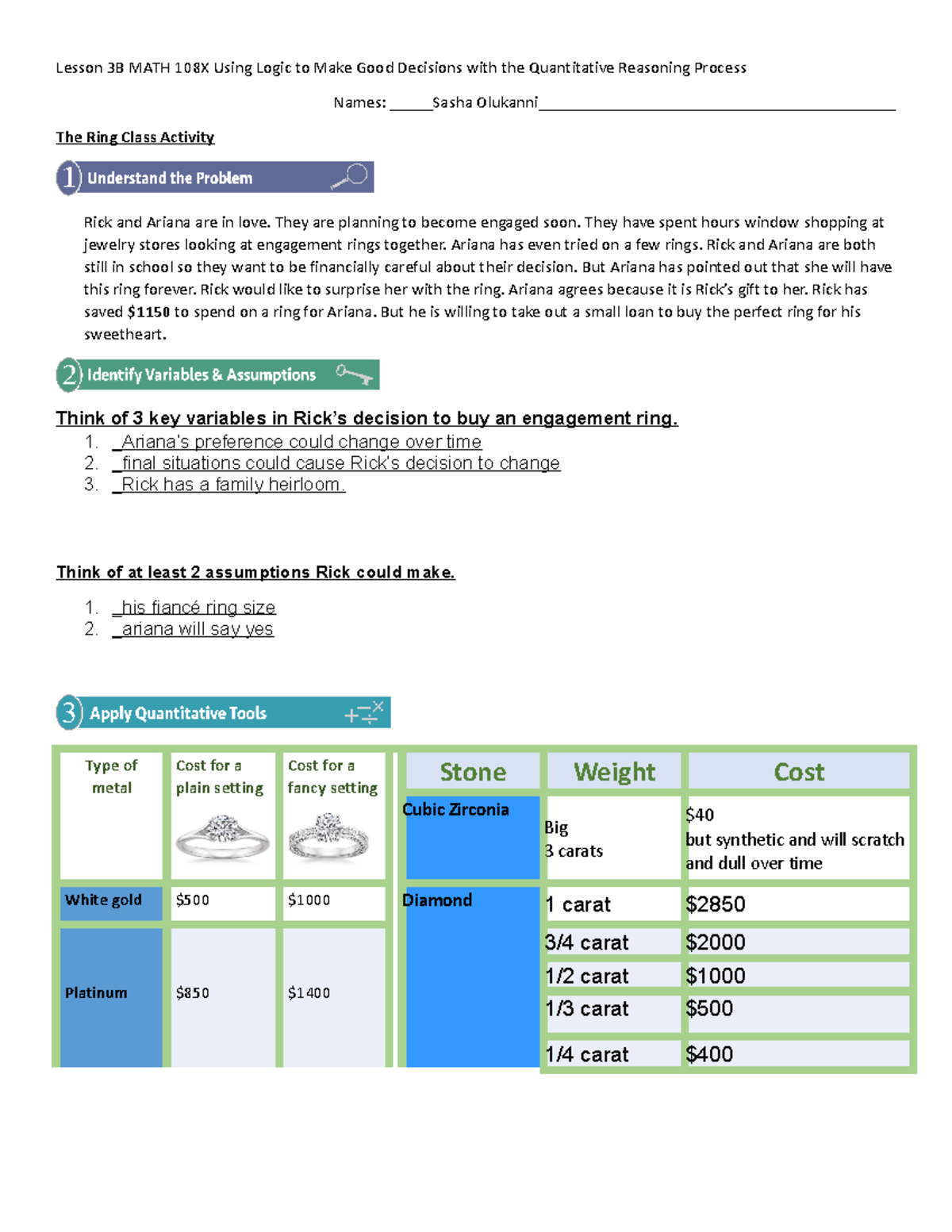 3B Ring QRP Worksheet - Lesson 3B MATH 108X Using Logic to Make Good ...