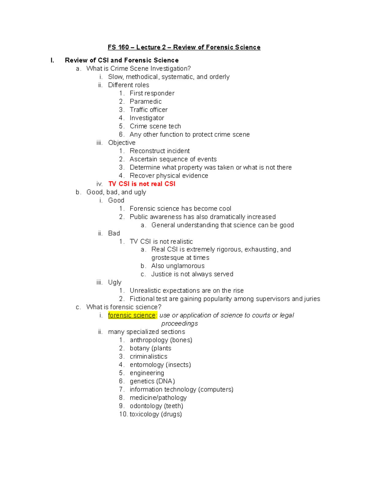 FS 160 - Lecture 2 - Review of Forensic Science - Review of CSI and ...