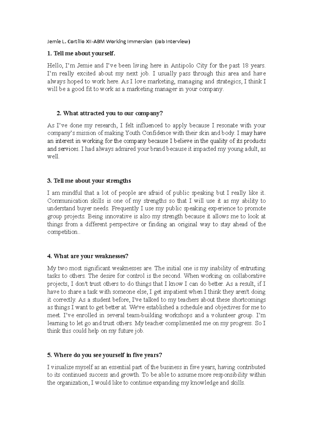 Interview - nothing - Jemie L. Cortillo XII-ABM Working Immersion (Job ...