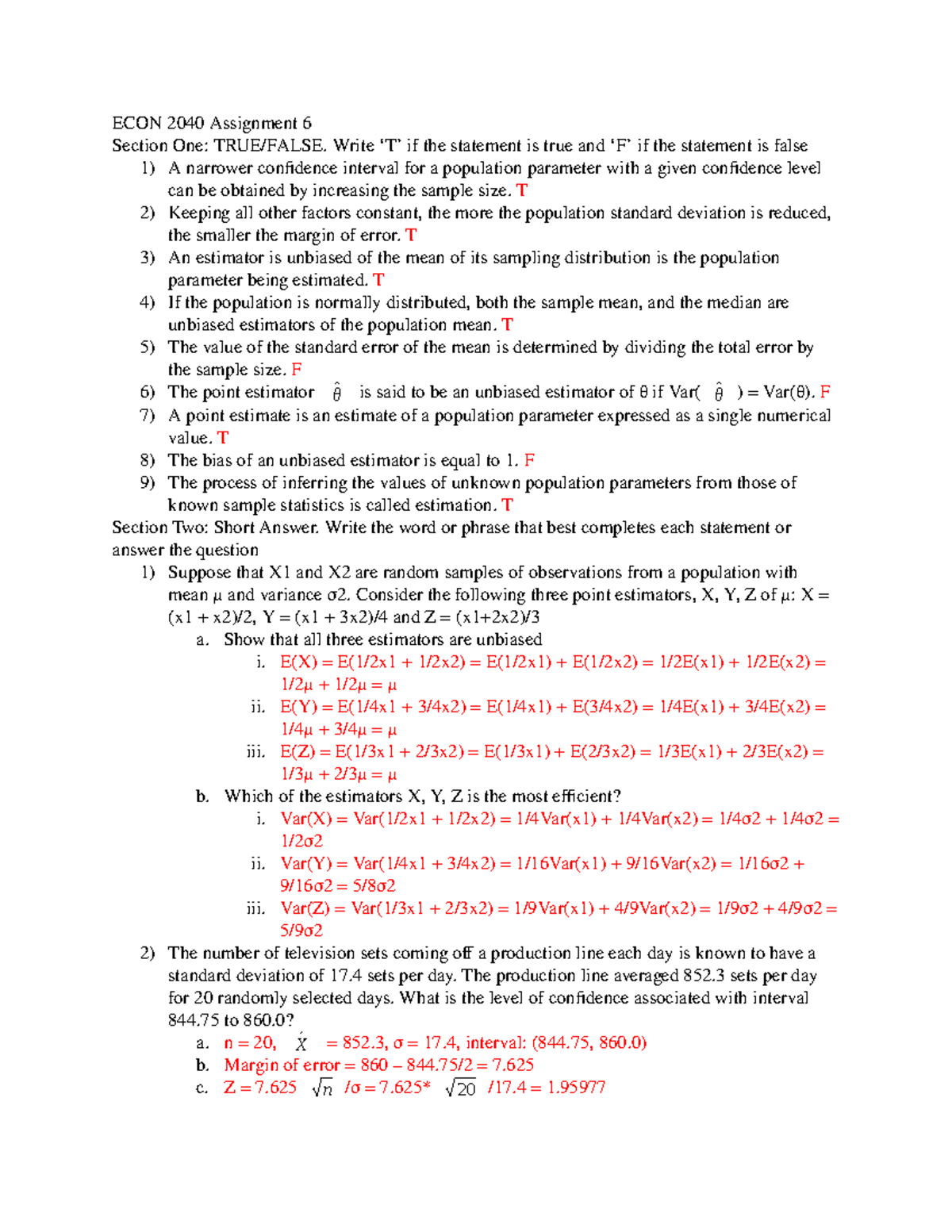 ECON 2040 Assignment 6 - ECON 2040 Assignment 6 Section One: TRUE/FALSE ...