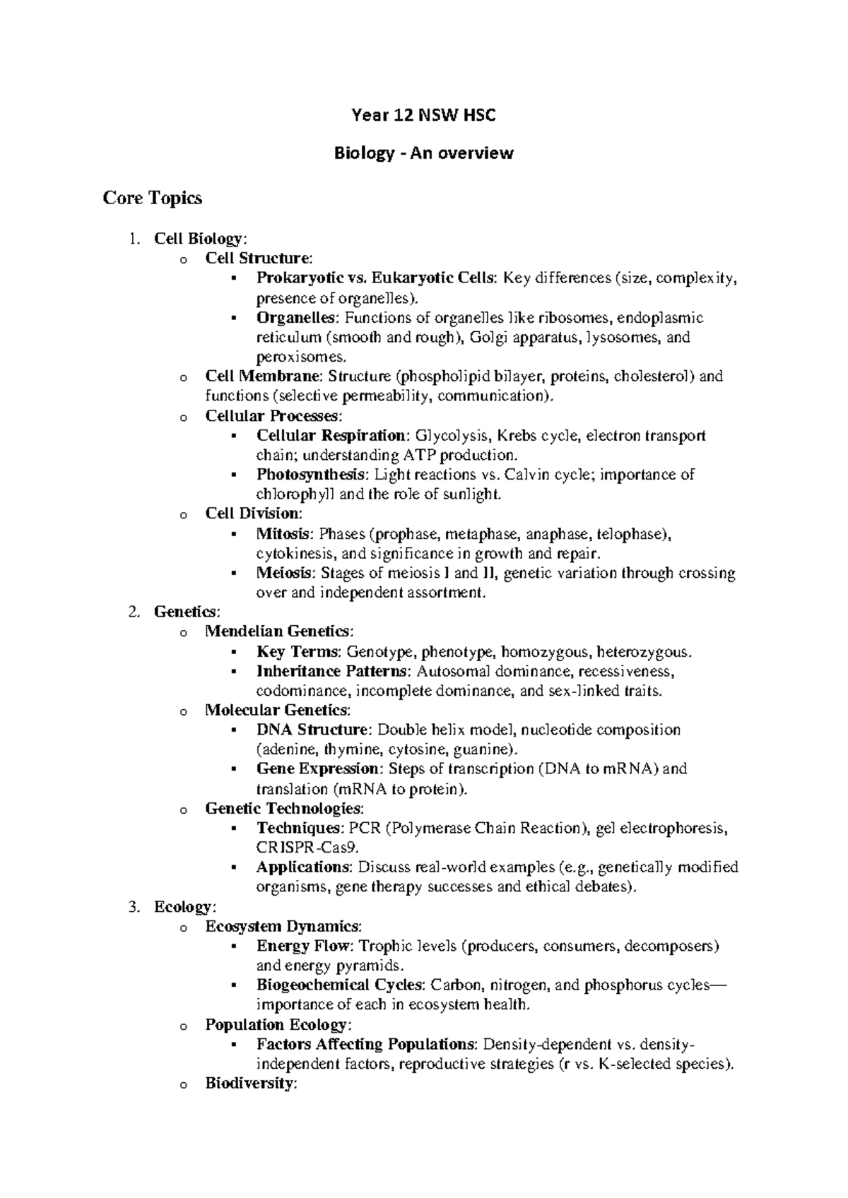 Year 12 Biology Syllabus Nsw _ Stage 6 Year 12 Biology Scope and ...