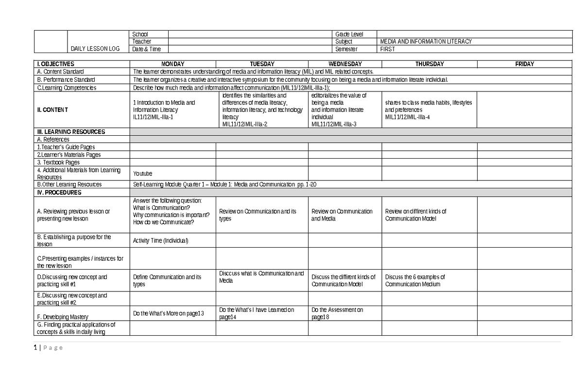 WEEK1 - educational purposes only - DAILY LESSON LOG School Grade Level ...