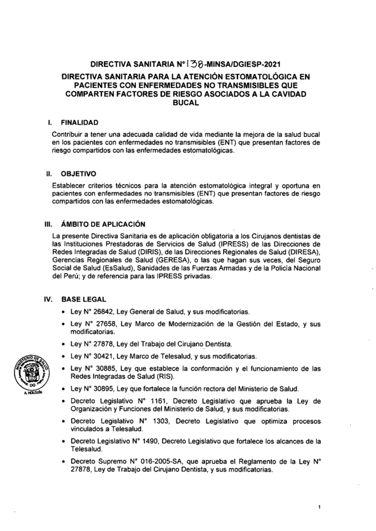 Dgiesp-2021 - DIRECTIVA SANITARIA N° 1 38-MINSA/DGIESP- DIRECTIVA ...