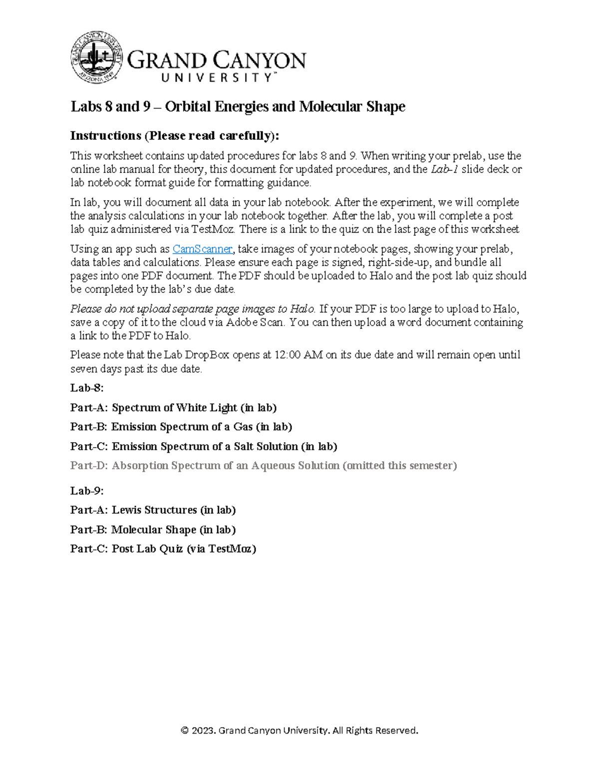 CHM113L Lab-8 9 Updated Procedures FA23 - Labs 8 and 9 – Orbital ...