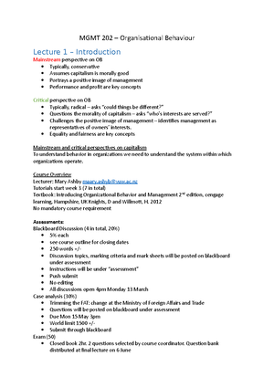 MGMT 202 Lecture Notes - Organisational Behaviour 03/01/ The study OF ...