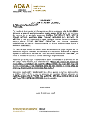 HOJA Membrete invitación para pago de requerimiento - “URGENTE” CARTA  INVITACIÓN DE PAGO C. ALLAN - Studocu