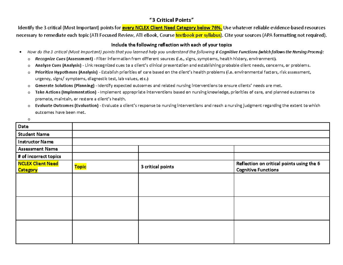 ATI Practice Remediation “3 Critical Points” Identify the 3 critical