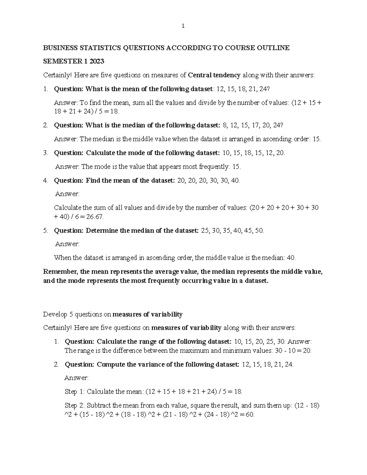 Business Statistics Questions According TO Course Outline - BUSINESS ...
