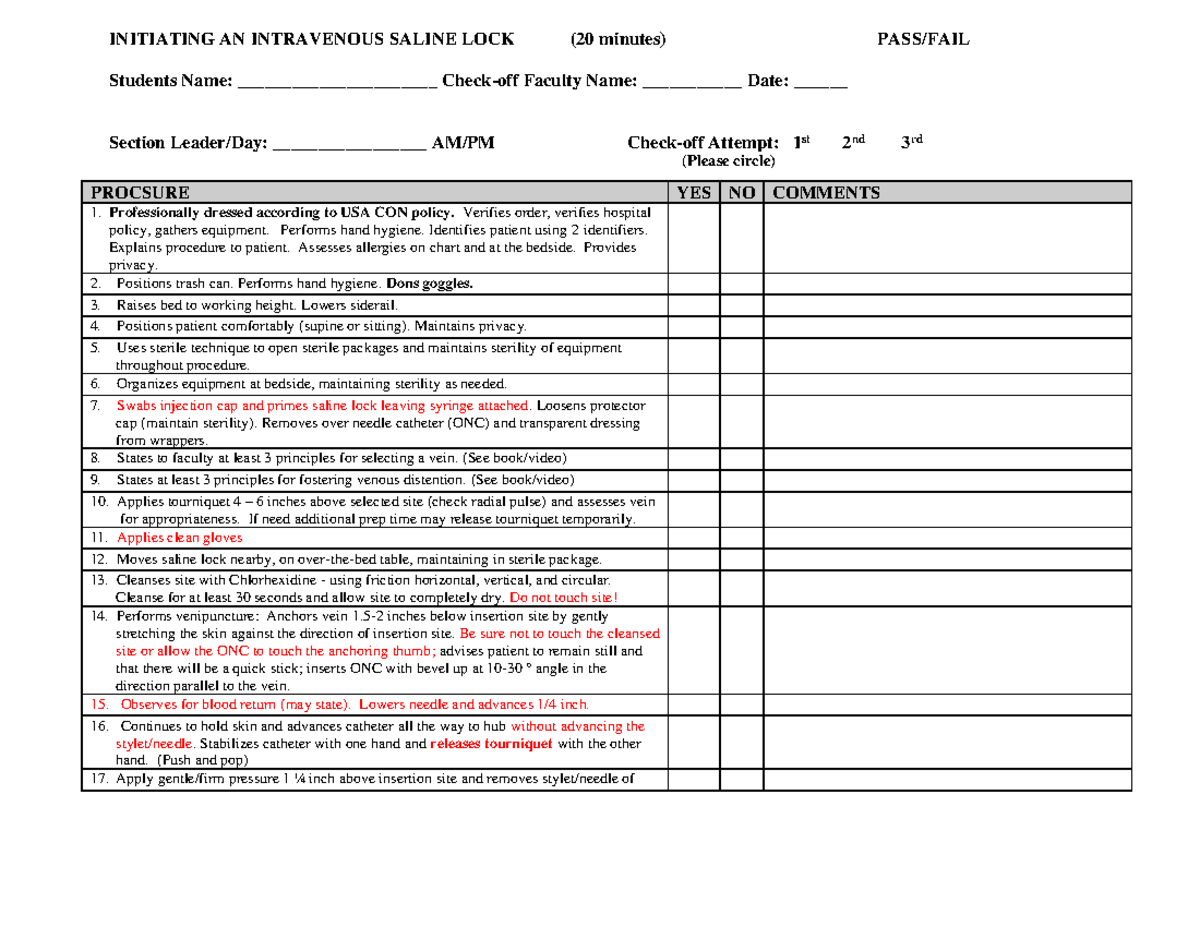 IV Checklist (Checkoff) - INITIATING AN INTRAVENOUS SALINE LOCK (20 ...