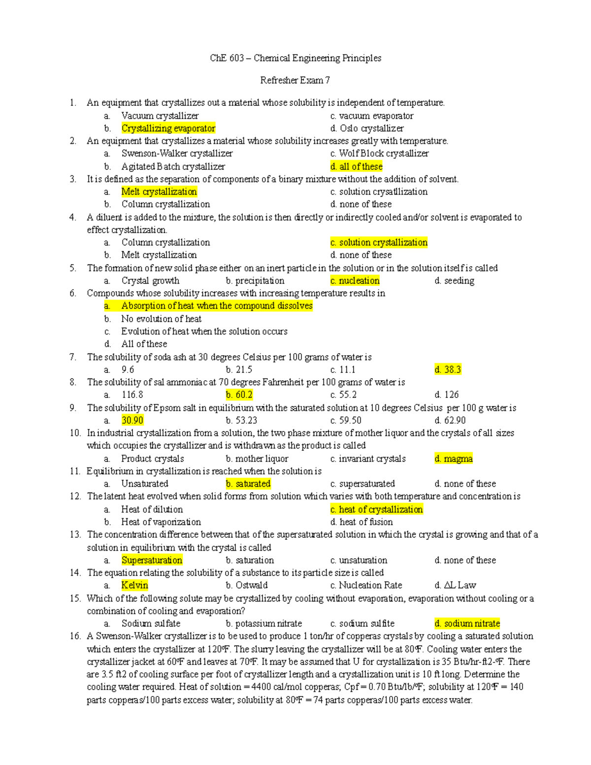 Exam 7 2018, questions and answers - ChE 603 – Chemical Engineering ...