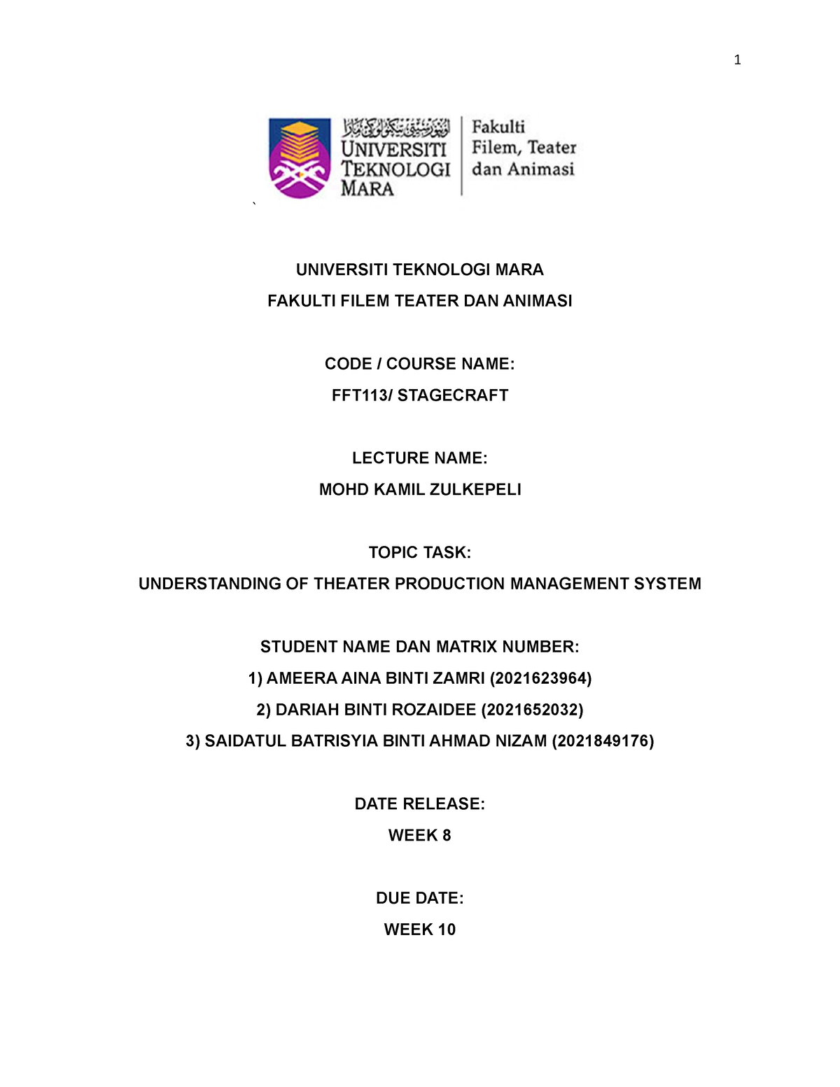 Production ZONE - theatre production - UiTM - Studocu