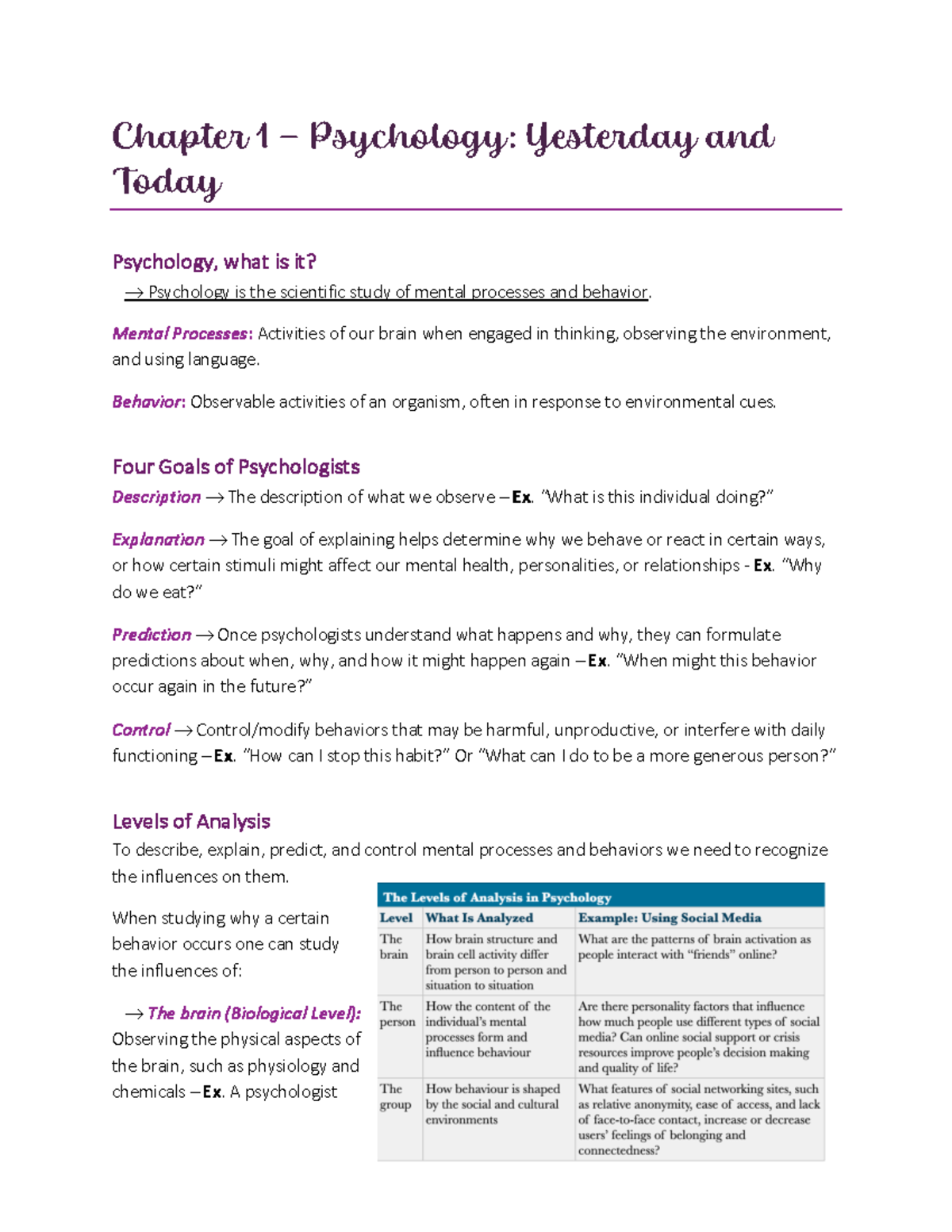 PS101 Notes Ch 1-2 - Chapter 1 & 2. - Chapter 1 – Psychology: Yesterday ...