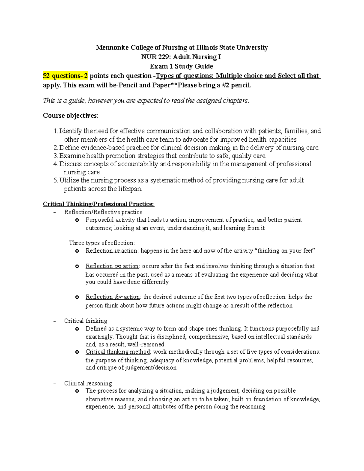 NUR 229 Exam One Study Guide - Mennonite College Of Nursing At Illinois ...