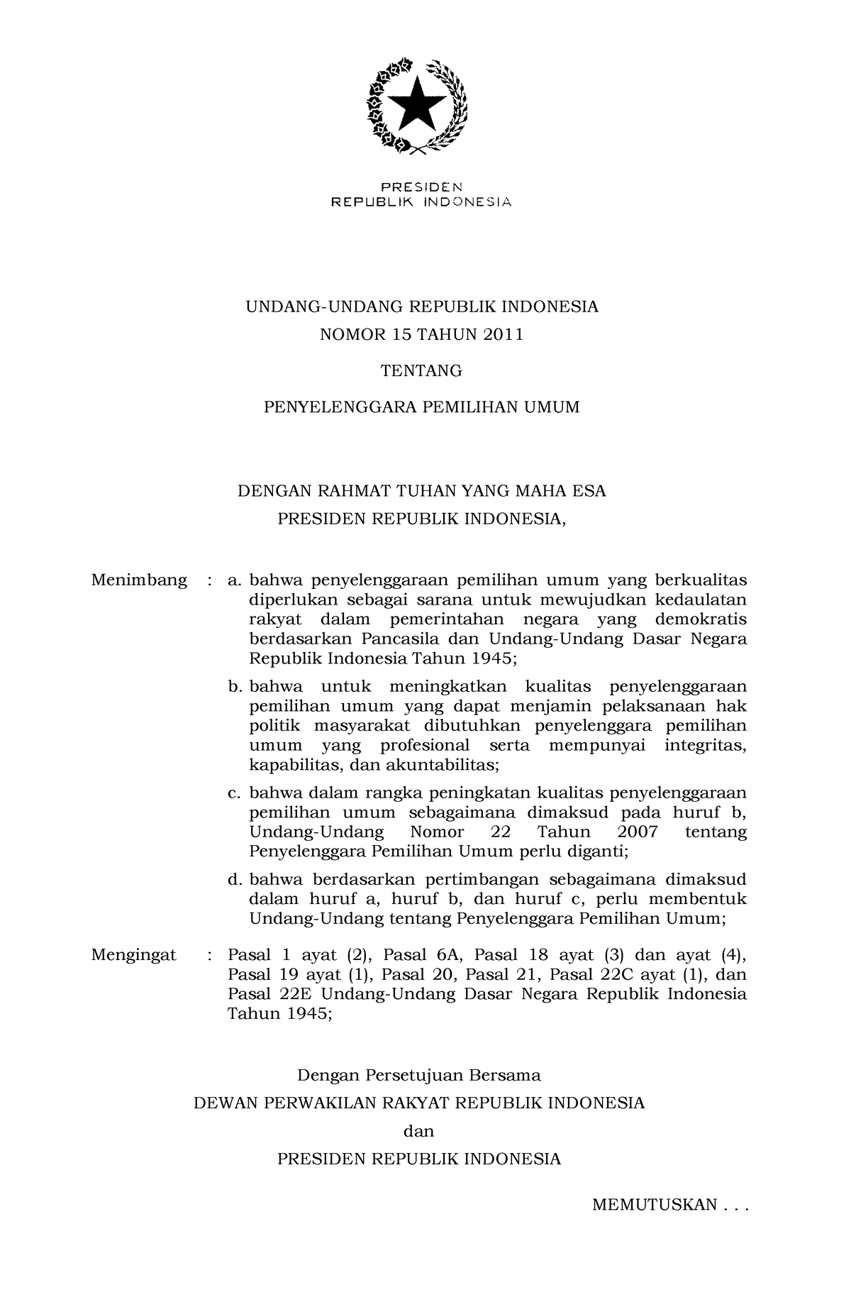 UU No. 15 Tahun 2011 - UNDANG-UNDANG REPUBLIK INDONESIA NOMOR 15 TAHUN ...