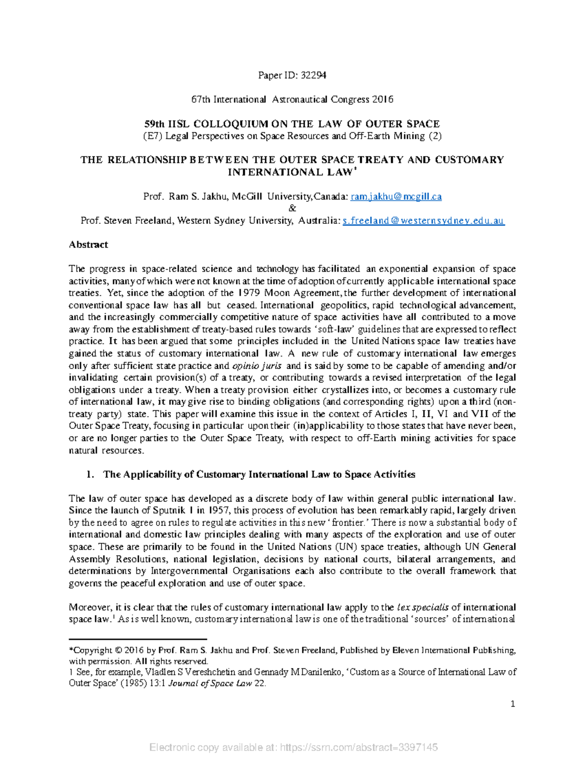 ArticleOuter Space Treaty and Custom 1 Paper ID 32294 67th