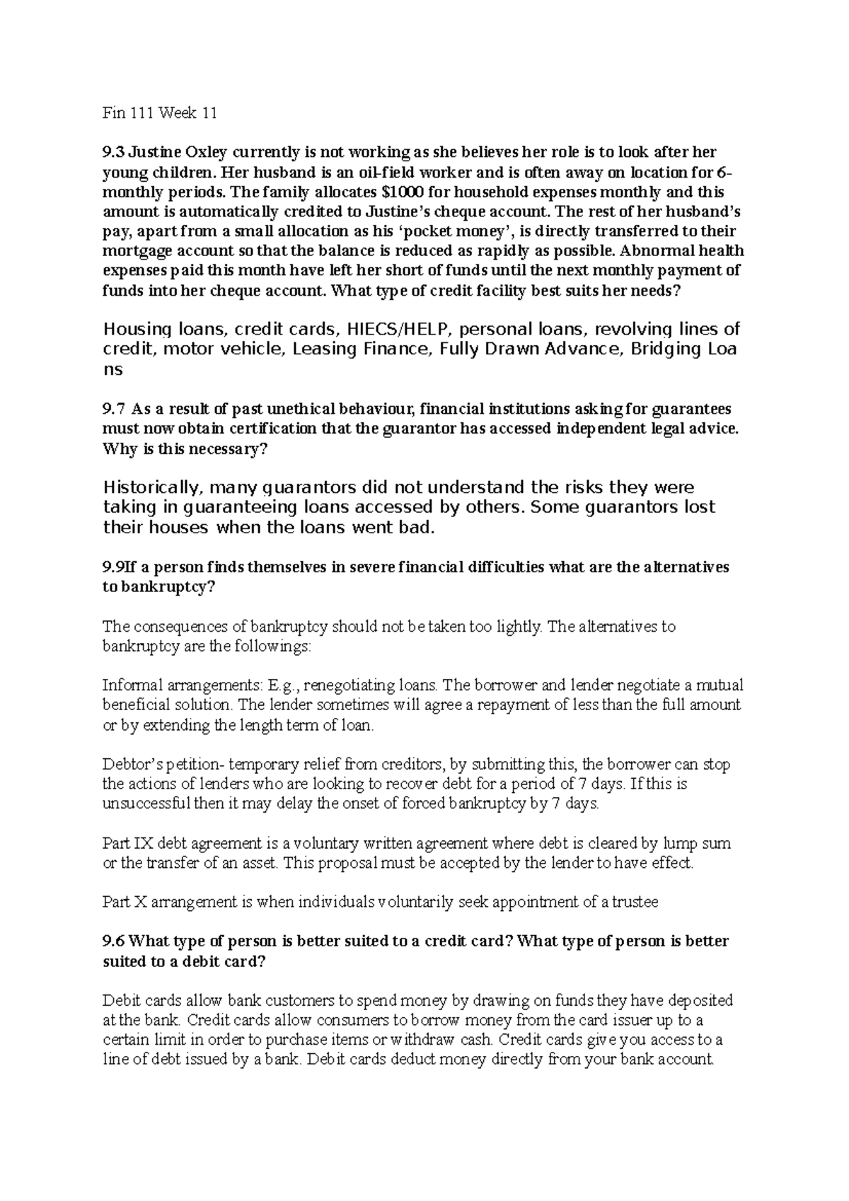 Fin 111 Week 11 - lecture notes - Fin 111 Week 11 9 Justine Oxley ...