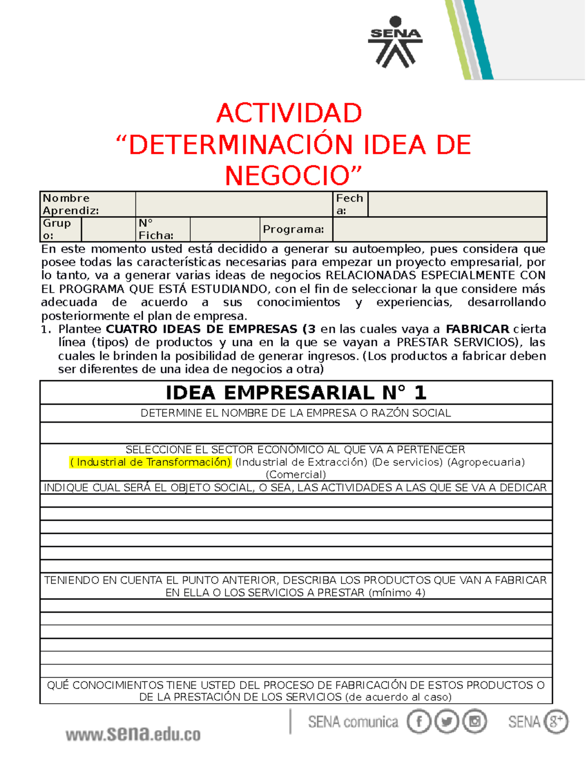 Actividad determinación de la Idea de Negocio - ACTIVIDAD ...