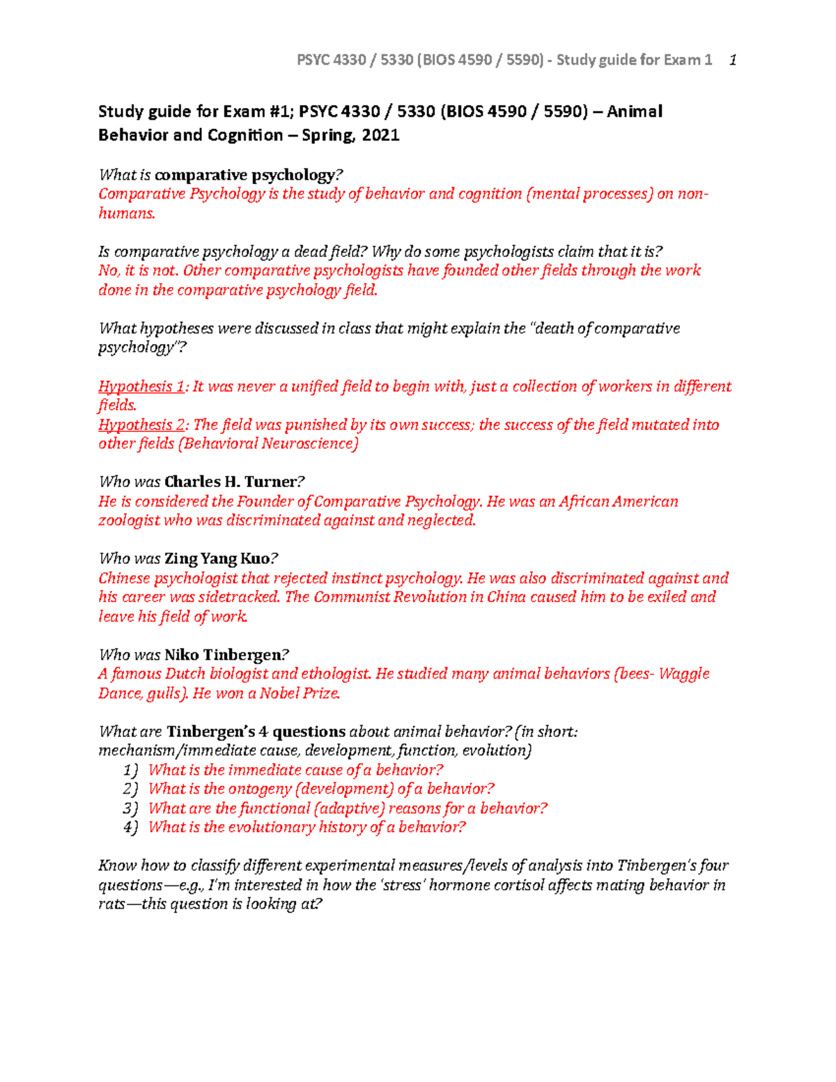 Exam 1 Study Guide - PSYC 4330 / 5330 (BIOS 4590 / 5590) - Study guide ...