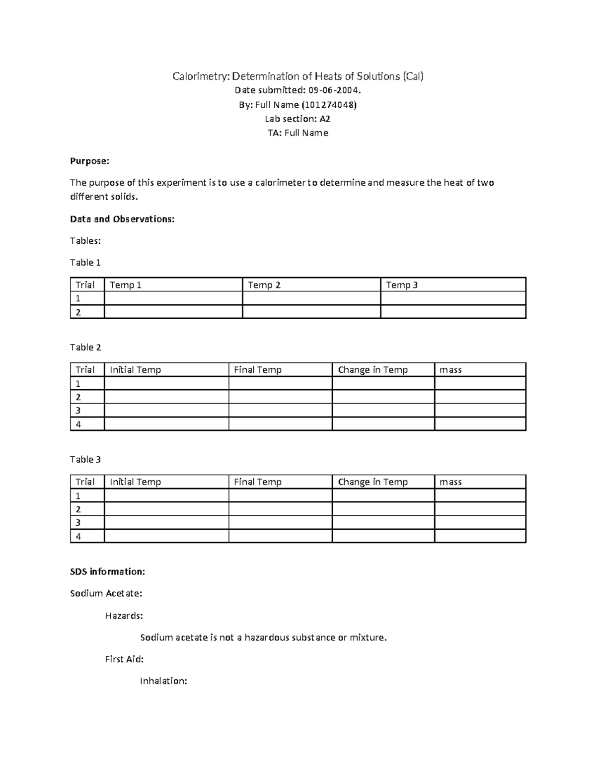 CalPreLab chem 1002 Calorimetry Determination of Heats of Solutions
