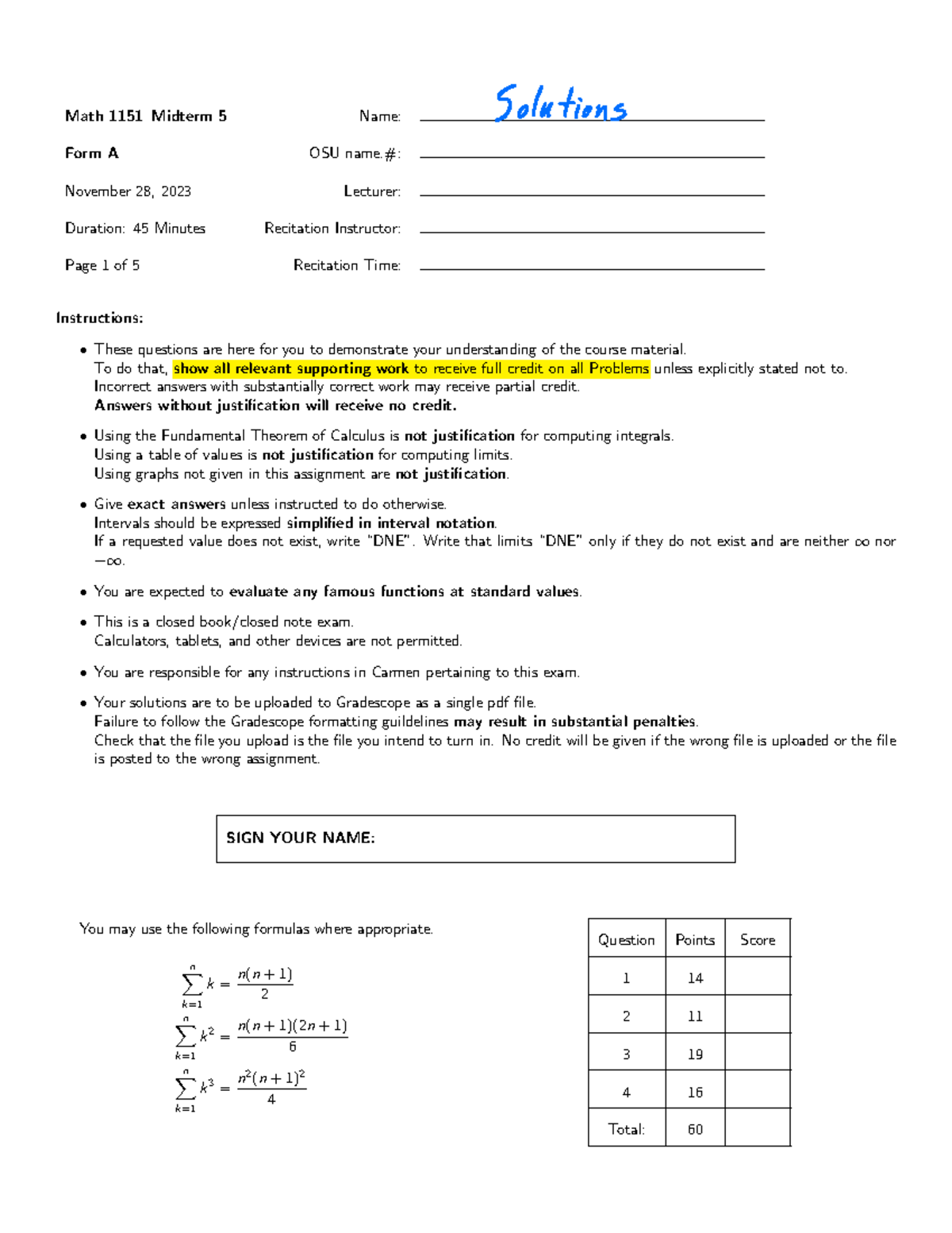 1151M5Au23 Soln - Math 1151 Midterm 5 Name: Form A OSU name.#: November ...