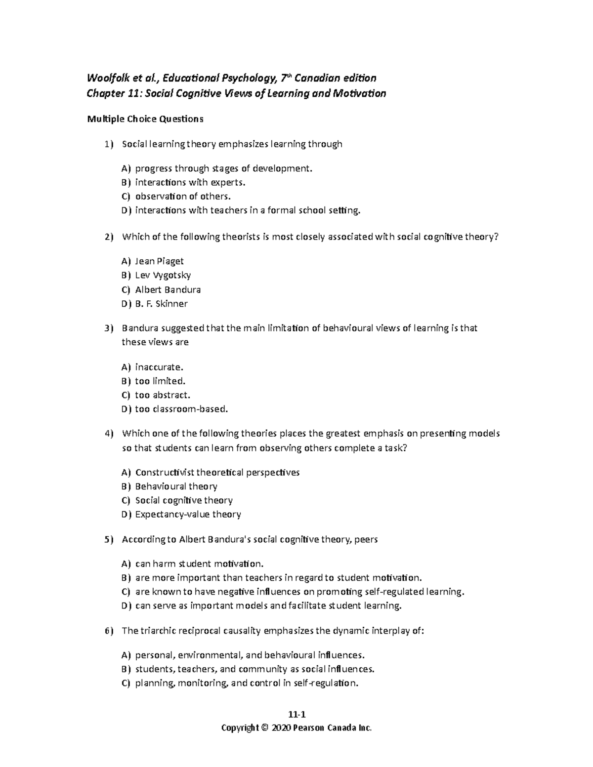 Chapter 11 Practice Questions - Woolfolk et al., Educational Psychology ...