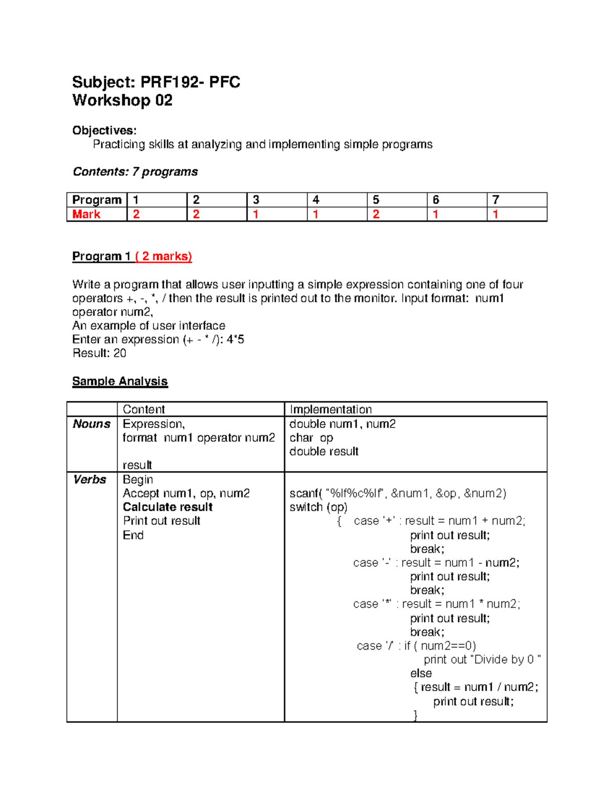 PRF192-Workshop 02 - Subject: PRF192- PFC Workshop 02 Objectives ...