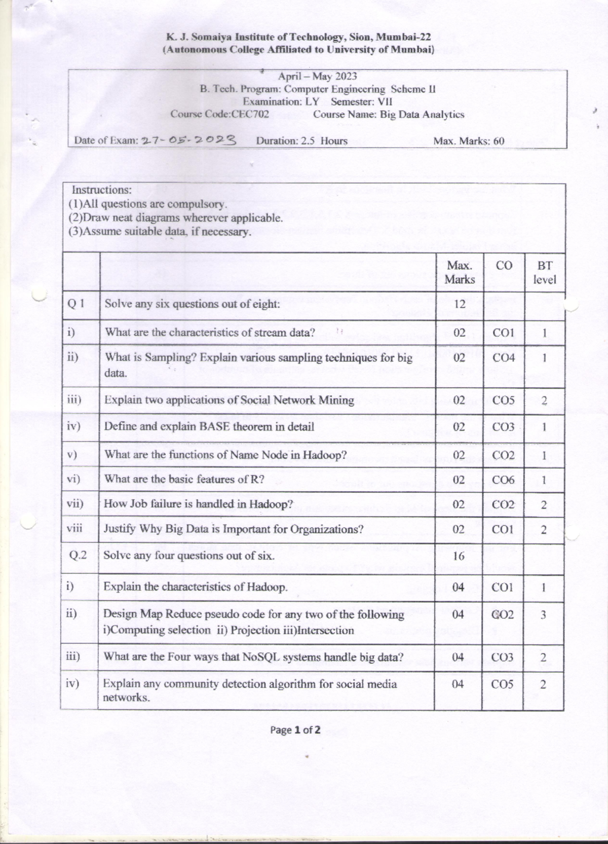 COMP SEM VII CEC702 BDA May2023 - Computer Engineering - Studocu