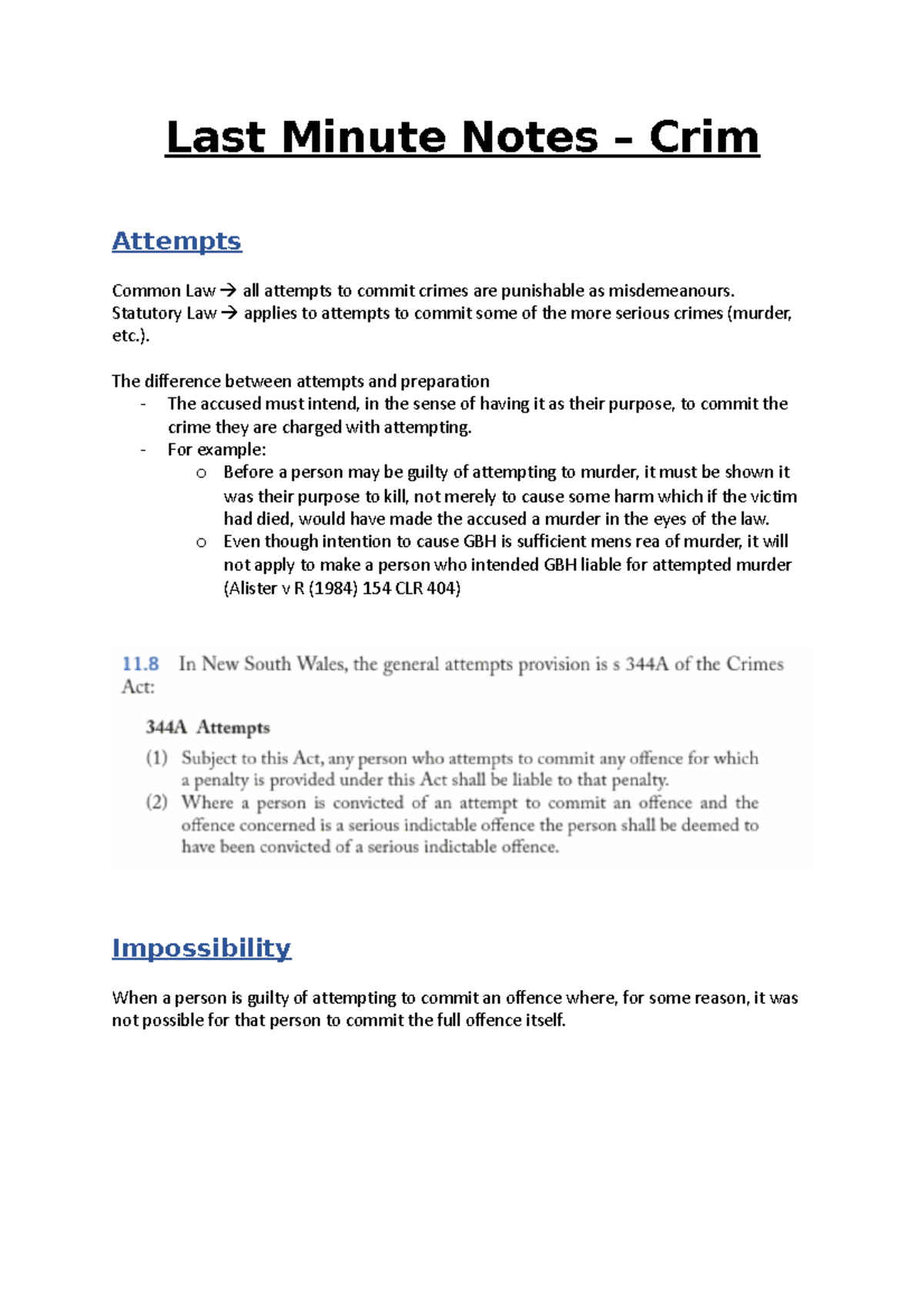 Last Minute Notes - Crim - Last Minute Notes – Crim Attempts Common Law ...