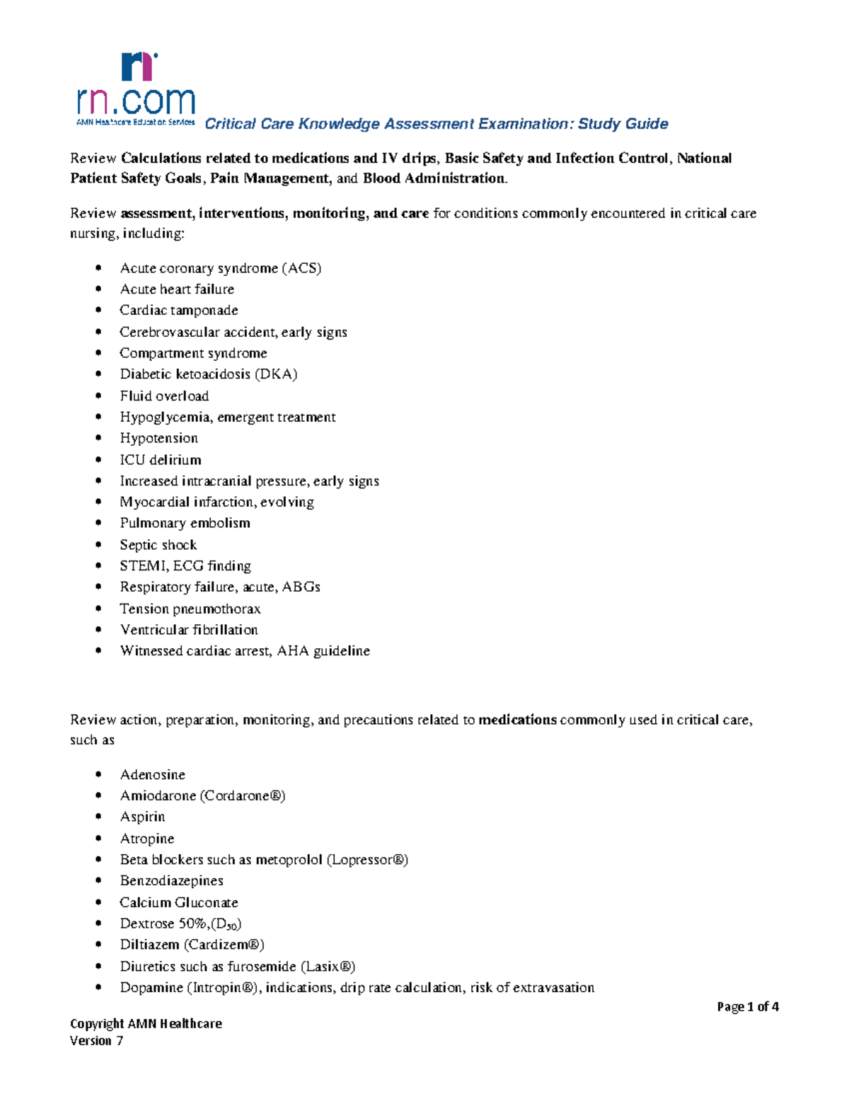Critical Care Study Guide v7 - Page 1 of 4 Copyright AMN Healthcare ...