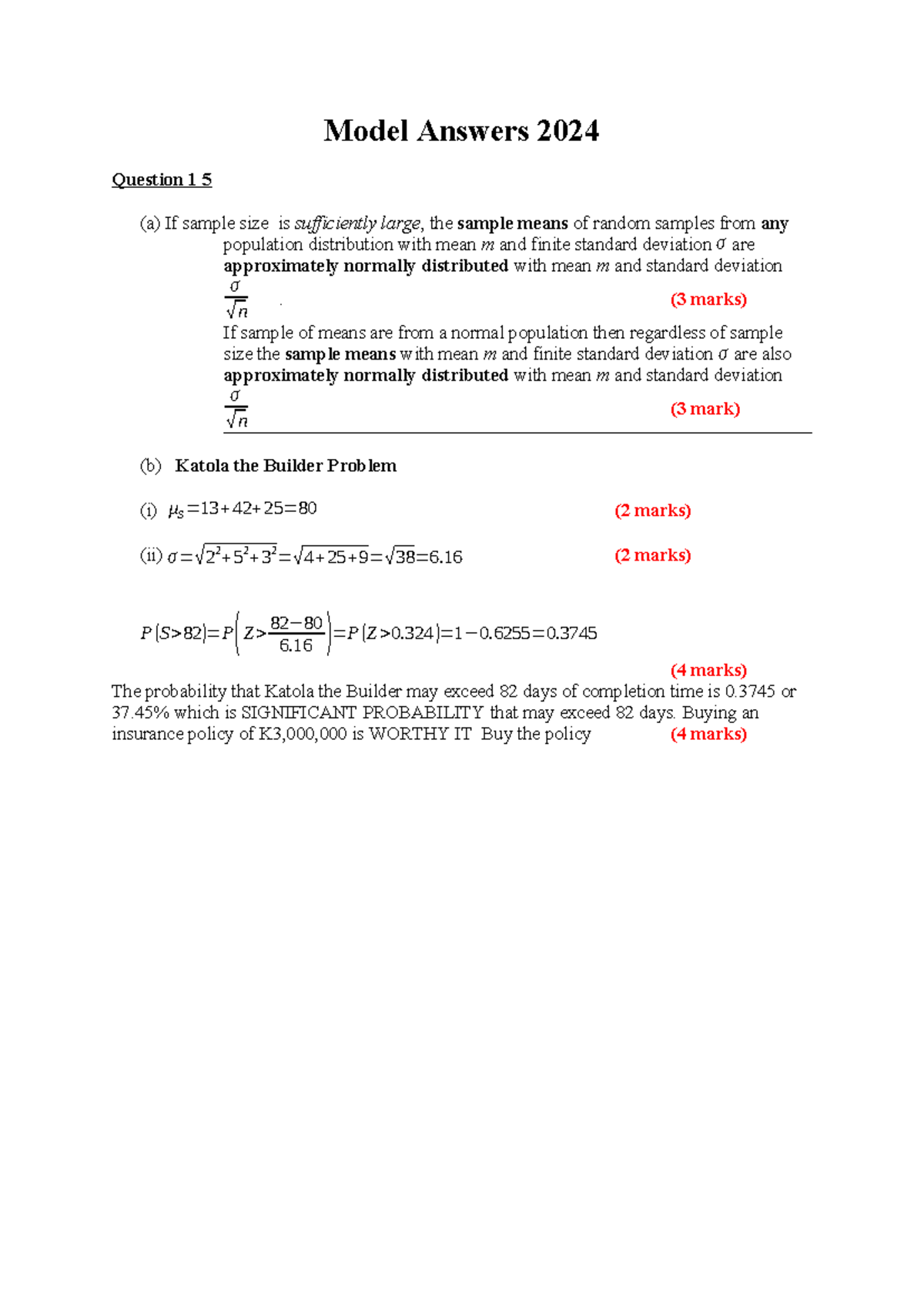 Answers TO END OF ST AND CI EXAM 2024 Model Answers 2024 Question 1 5