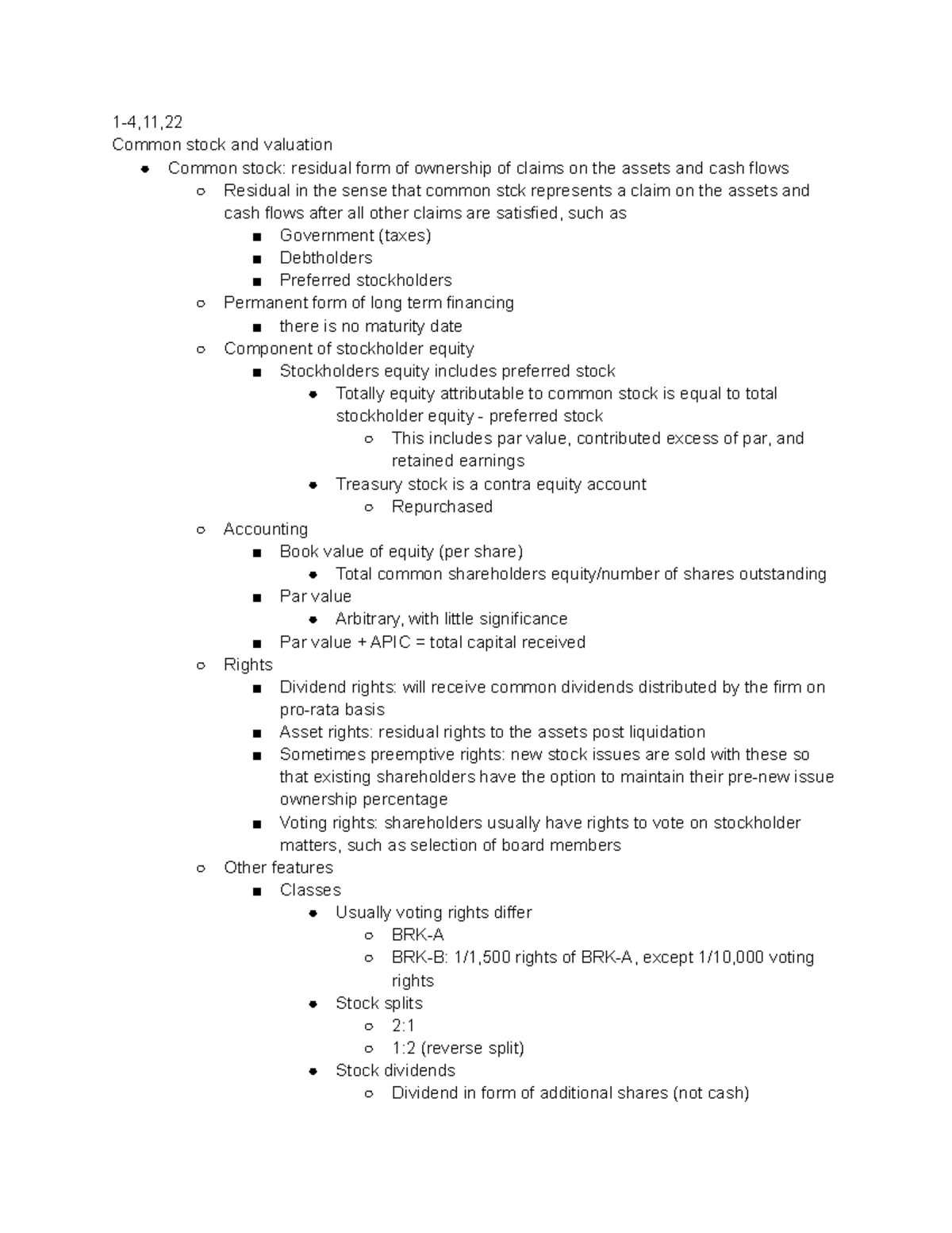 Chapter 7 - NOTES!-Lockhart - 1-4,11, Common stock and valuation Common ...