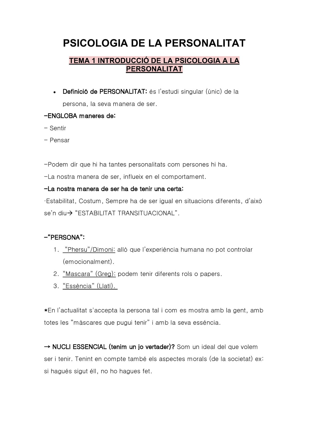 Psicologia De La Personalitat Psicologia De La Personalitat Tema Introducci De La