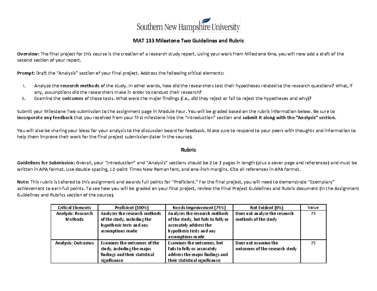 MAT 133 Milestone Two Guidelines and Rubric-Analysis - MAT 133 ...