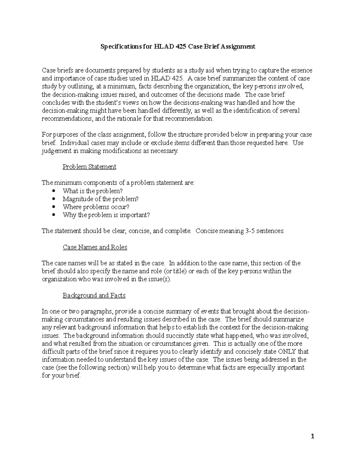 Specifications for Case Brief - Specifications for HLAD 425 Case Brief ...