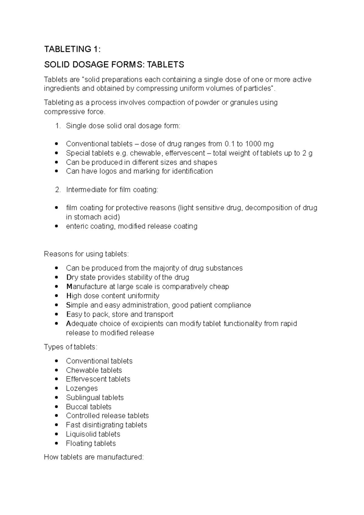 Tableting 1 - Lecture notes 1 - TABLETING 1: SOLID DOSAGE FORMS ...
