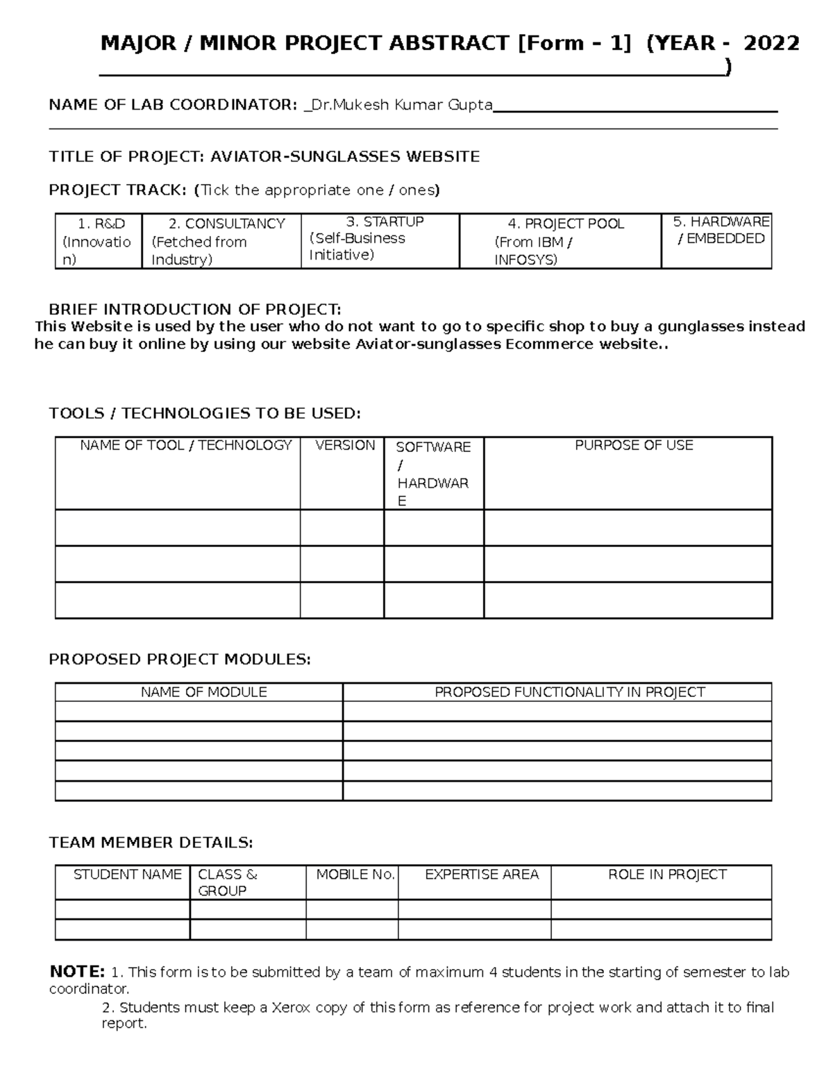 111 - Notes of Biomedical - MAJOR / MINOR PROJECT ABSTRACT [Form – 1 ...