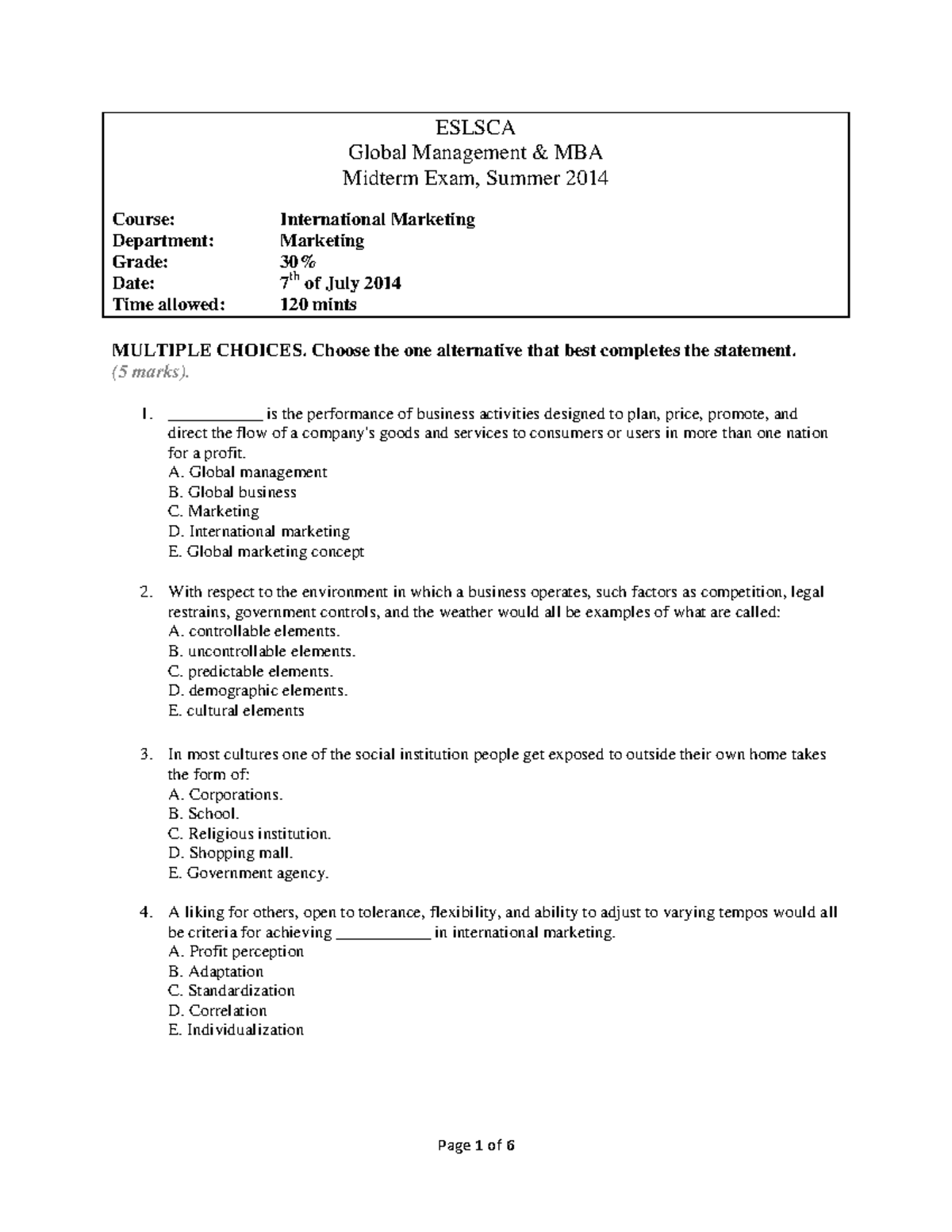 Int Mktg MT Spring 2014 - Midterm Practice - ESLSCA Global Management ...