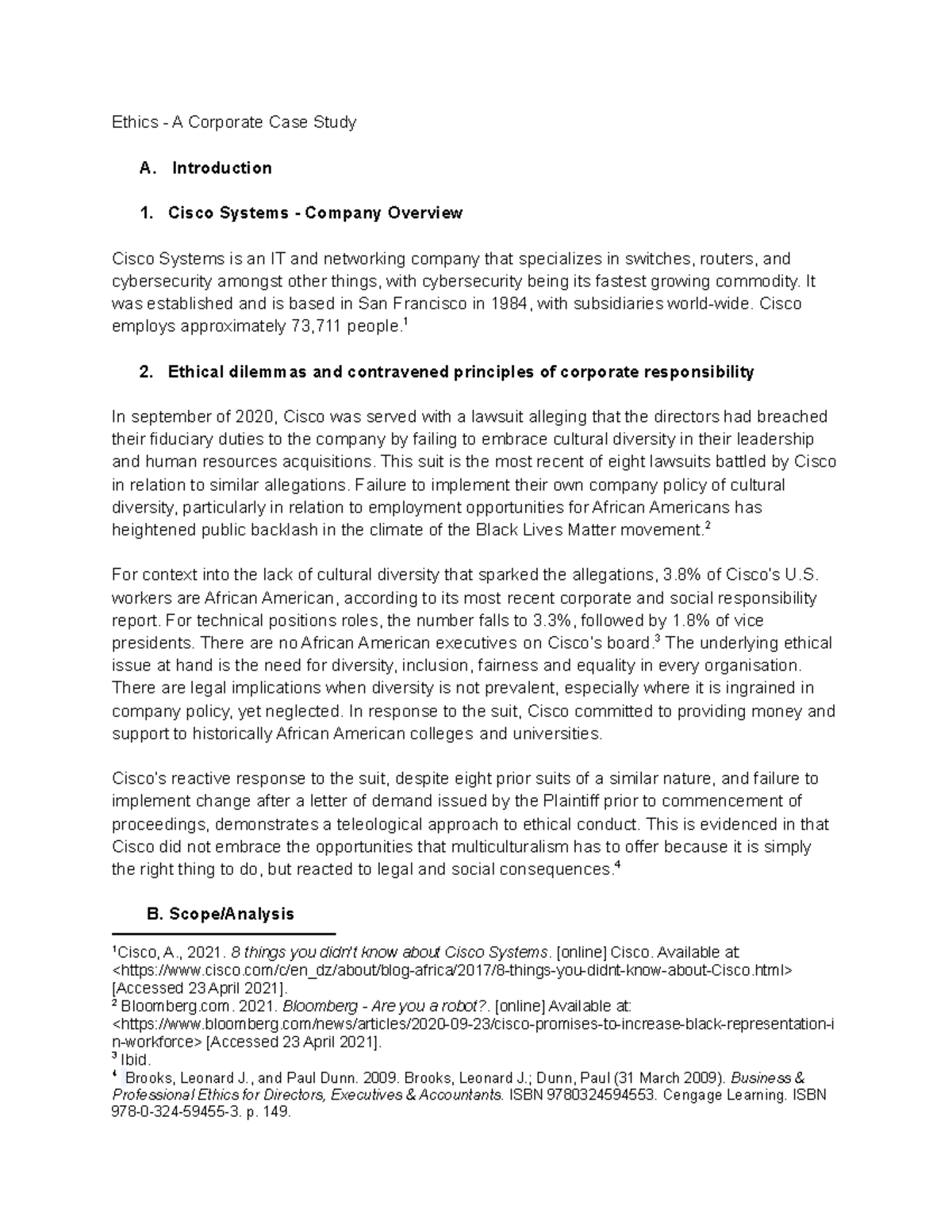 Case Study Ethics A Corporate Case Study A Introduction 1 Cisco