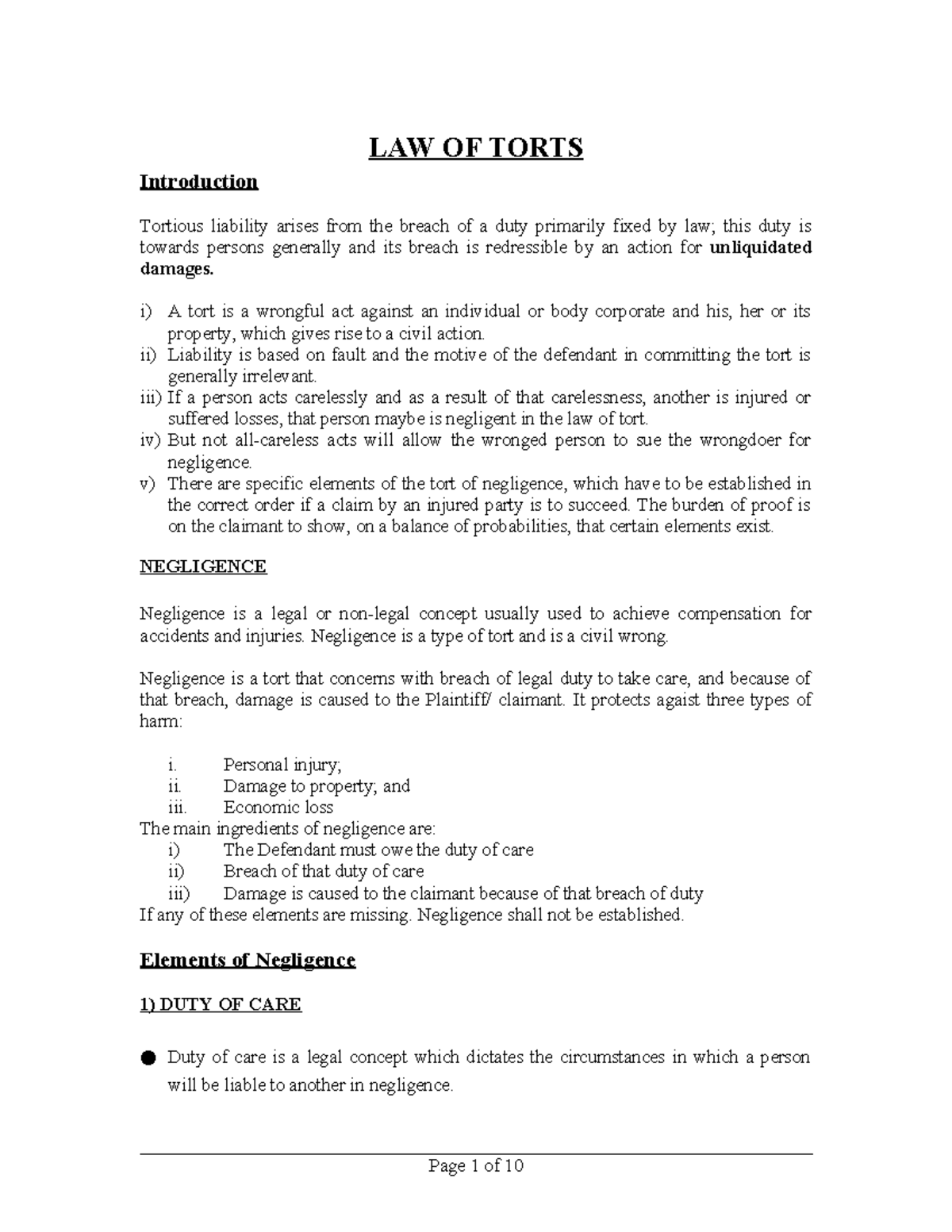 Tort of Negligence revised - LAW OF TORTS Introduction Tortious ...