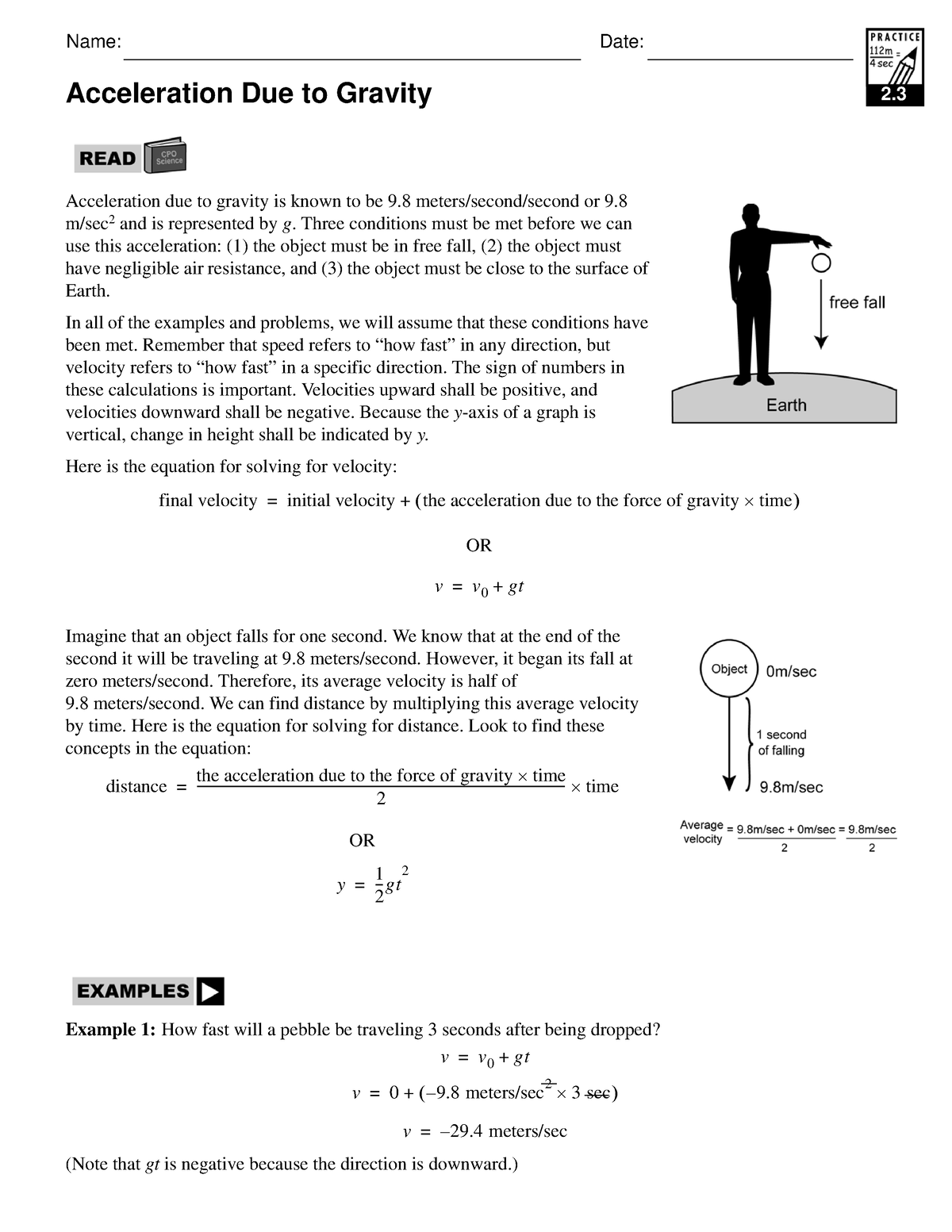 Skills Practice 23 Acceleration Due To Gravity Problems Date 2 Name Acceleration Due 0415