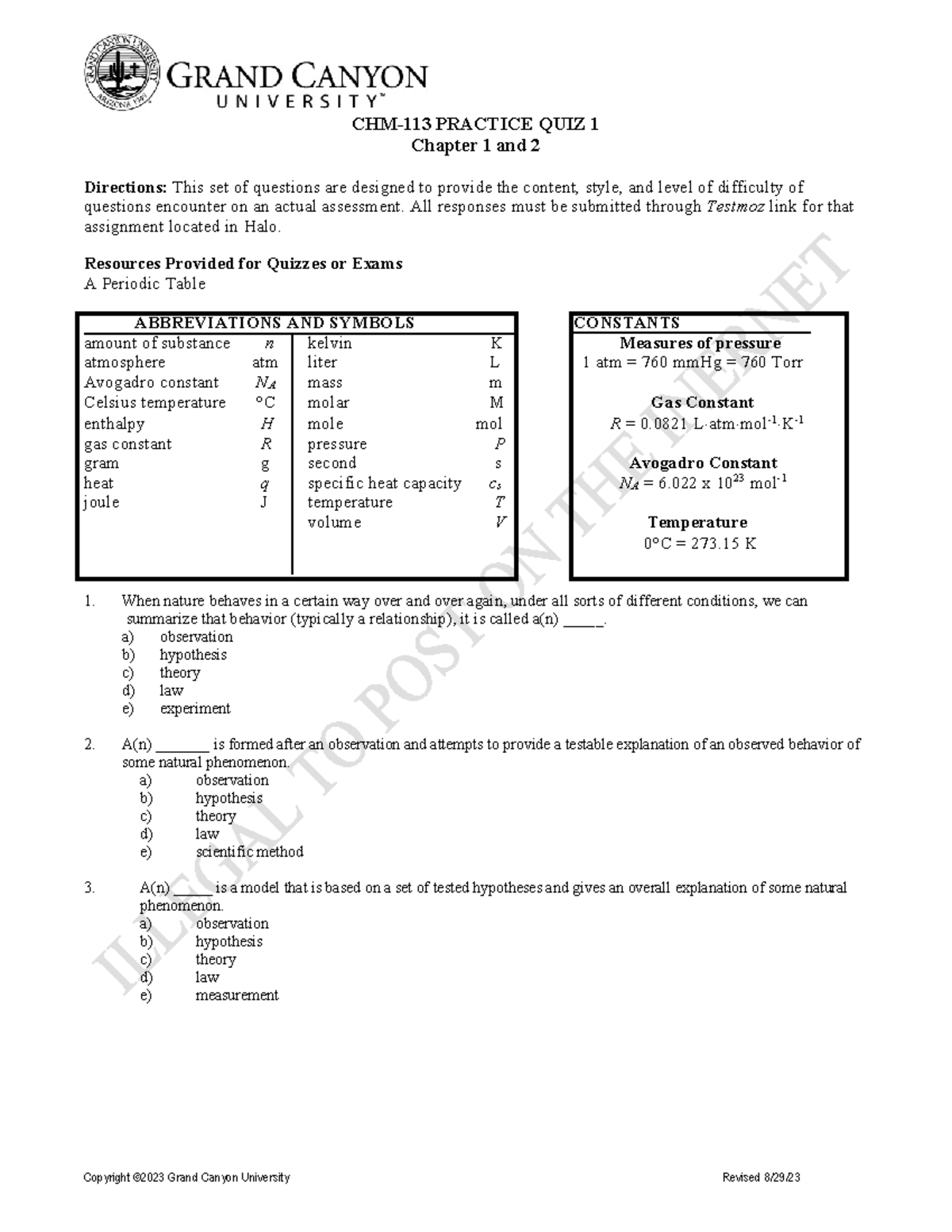 CHM113 Practice Quiz-1-2 - CHM-113 PRACTICE QUIZ 1 Chapter 1 And 2 ...