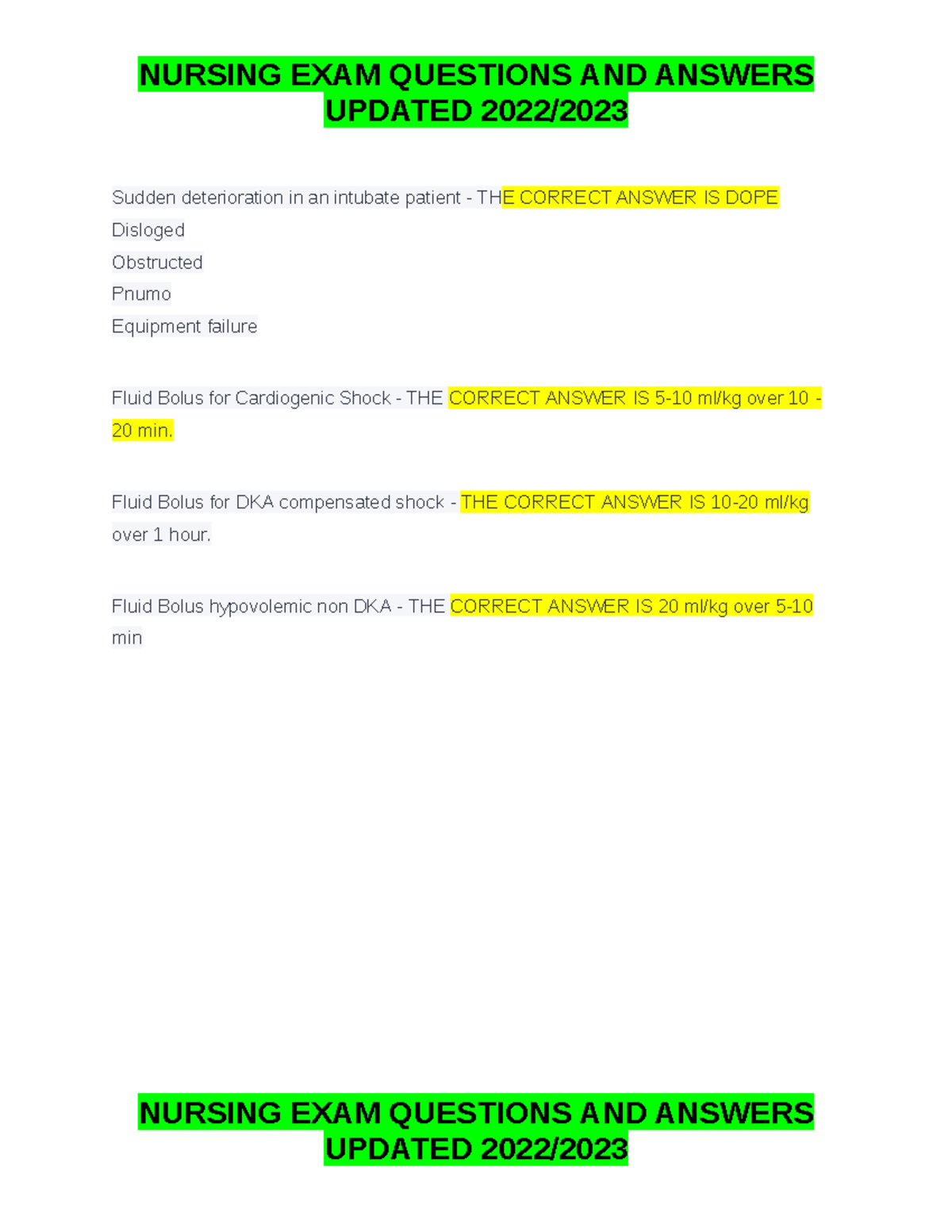 50 Questions PALS UPDATED 2022/ Sudden deterioration in an intubate