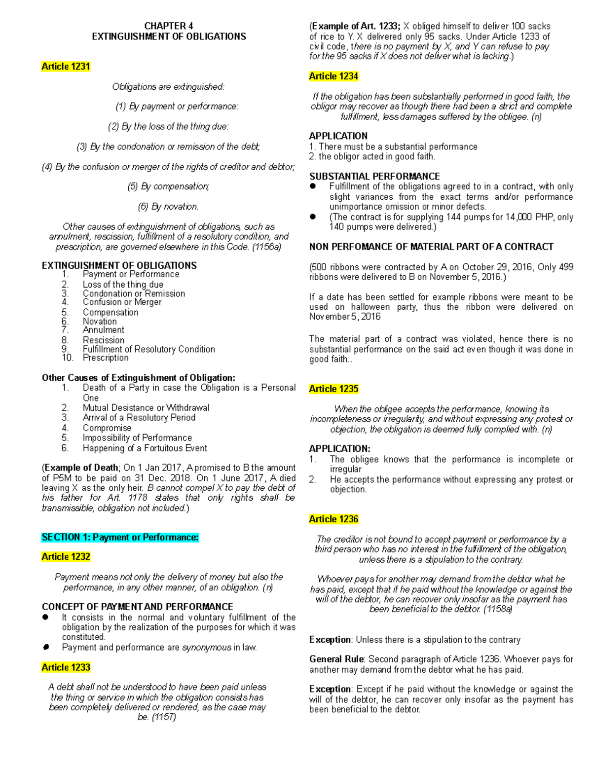 Chapter 4 - Oblicon - CHAPTER 4 EXTINGUISHMENT OF OBLIGATIONS Article ...