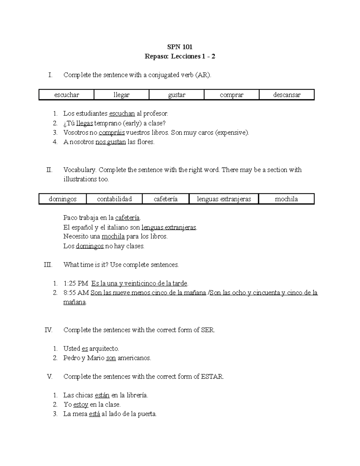 Repaso parcial w22 - spanish 101 practice test - SPN 101 Repaso ...