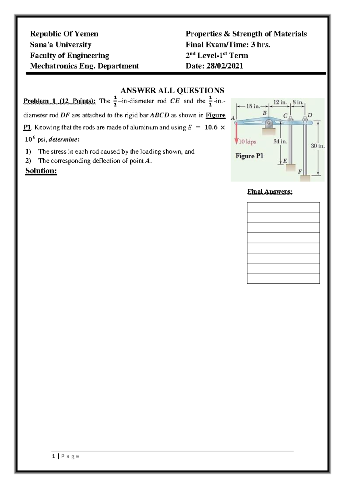 Final Exam 2021 Properties and Strength of Materials. Finalpdf - Sana'a ...