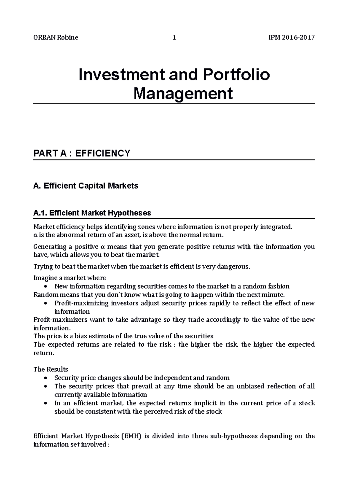 Investment and Portfolio Summary Investment and Portfolio Management